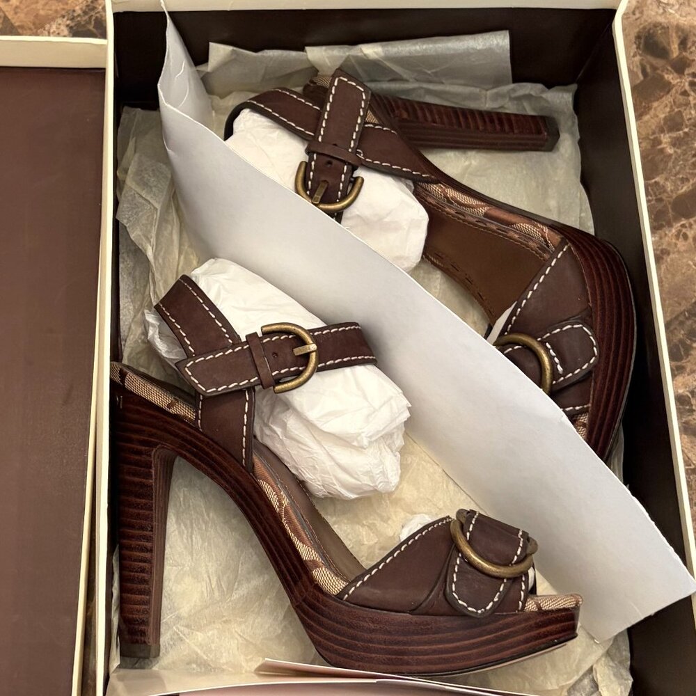 Coach Espresso Sophina Vintage Waxed Calf Open-Toe Heels (Size 5.5)